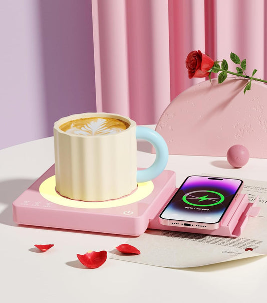 Coffee Mug Warmer for Desk with 15W Wireless Charging Pad, Electric Cup Warmer 3 Temp Settings, Smart Candle Heat Plate, Home Office & Coffee Lover Gifts for Women, Mom, Her - Pink