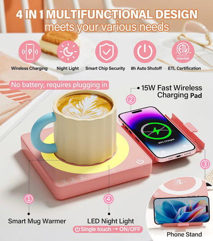 Coffee Mug Warmer for Desk with 15W Wireless Charging Pad, Electric Cup Warmer 3 Temp Settings, Smart Candle Heat Plate, Home Office & Coffee Lover Gifts for Women, Mom, Her - Pink