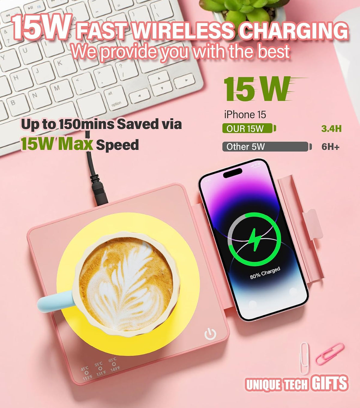 Coffee Mug Warmer for Desk with 15W Wireless Charging Pad, Electric Cup Warmer 3 Temp Settings, Smart Candle Heat Plate, Home Office & Coffee Lover Gifts for Women, Mom, Her - Pink