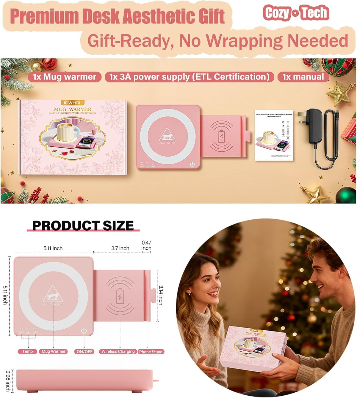 Coffee Mug Warmer for Desk with 15W Wireless Charging Pad, Electric Cup Warmer 3 Temp Settings, Smart Candle Heat Plate, Home Office & Coffee Lover Gifts for Women, Mom, Her - Pink