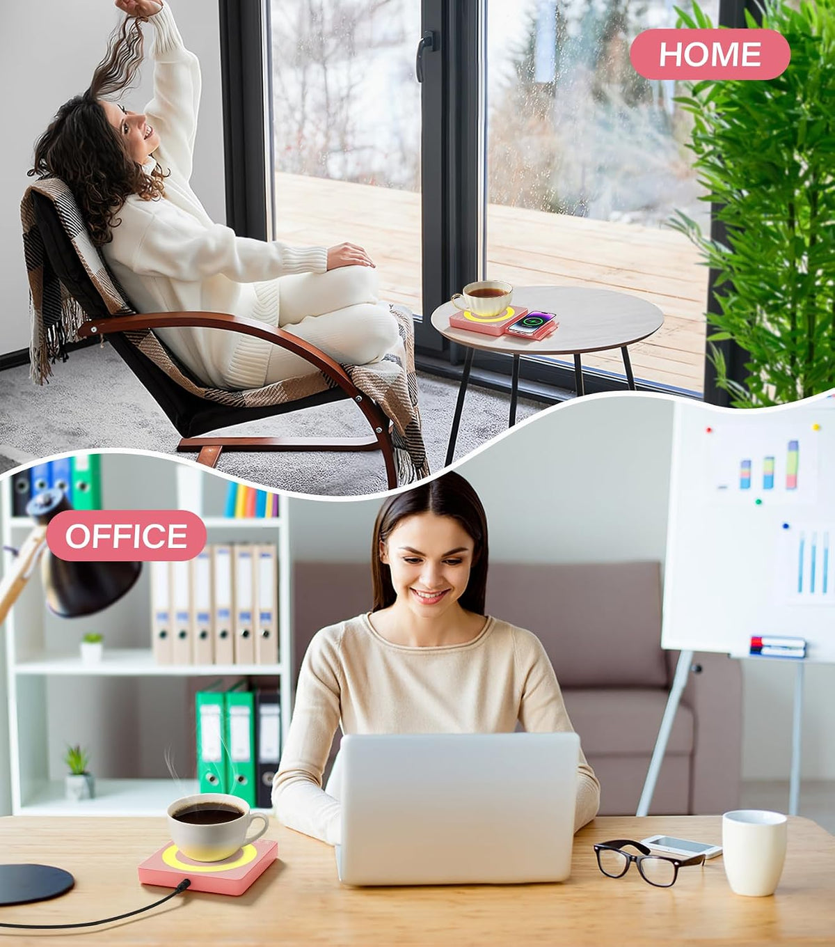 Coffee Mug Warmer for Desk with 15W Wireless Charging Pad, Electric Cup Warmer 3 Temp Settings, Smart Candle Heat Plate, Home Office & Coffee Lover Gifts for Women, Mom, Her - Pink