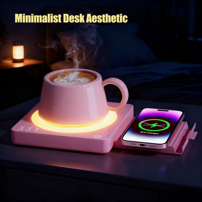 Coffee Mug Warmer for Desk with 15W Wireless Charging Pad, Electric Cup Warmer 3 Temp Settings, Smart Candle Heat Plate, Home Office & Coffee Lover Gifts for Women, Mom, Her - Pink