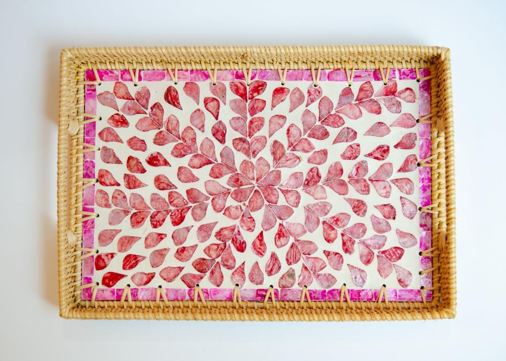 Decorative Rectangle Rattan Serving Tray 13x9 inch Mother of Pearl Inlay, Wicker Coffee Table Decor, Farmhouse (Pink Flower)