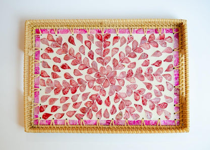 Decorative Rectangle Rattan Serving Tray 13x9 inch Mother of Pearl Inlay, Wicker Coffee Table Decor, Farmhouse (Pink Flower)