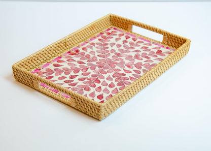 Decorative Rectangle Rattan Serving Tray 13x9 inch Mother of Pearl Inlay, Wicker Coffee Table Decor, Farmhouse (Pink Flower)