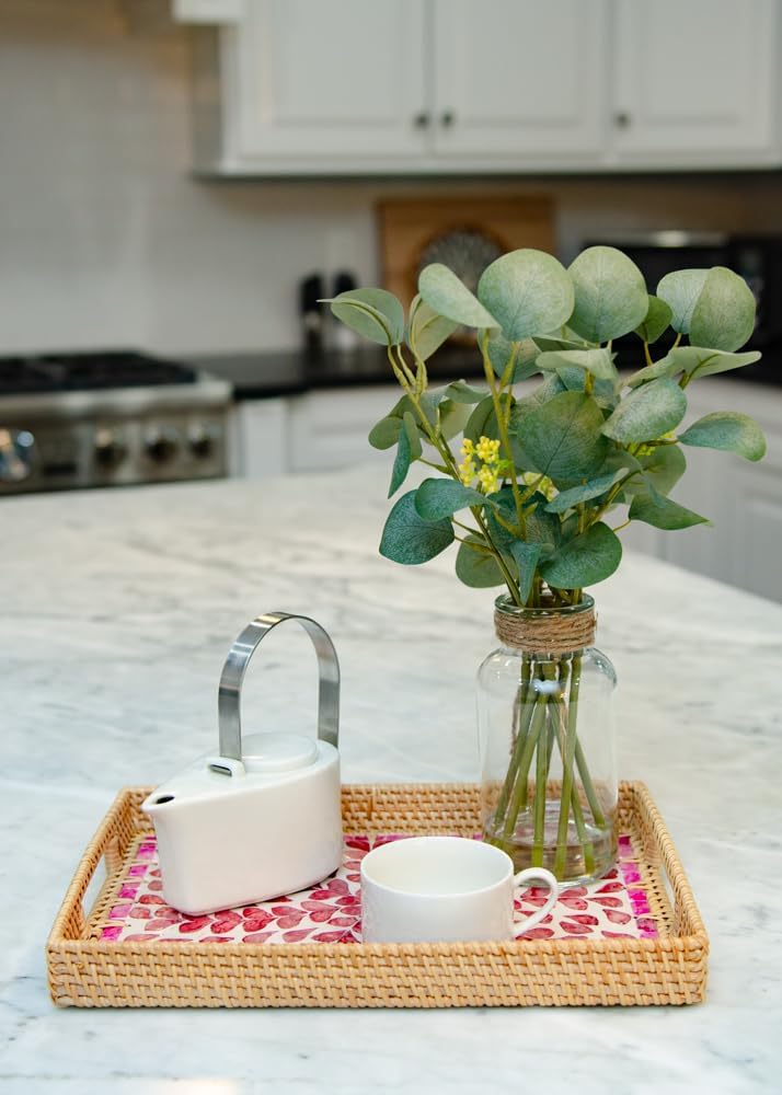 Decorative Rectangle Rattan Serving Tray 13x9 inch Mother of Pearl Inlay, Wicker Coffee Table Decor, Farmhouse (Pink Flower)