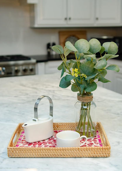 Decorative Rectangle Rattan Serving Tray 13x9 inch Mother of Pearl Inlay, Wicker Coffee Table Decor, Farmhouse (Pink Flower)
