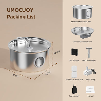 Cat Water Fountain Stainless Steel: 2.6L Cat Fountain for Drinking - Pet Water Fountain for Cats Indoor - Automatic Pet Water Dispenser Bowl - Best Auto Feeding Supplies Gift for Small Dog Large Kitty
