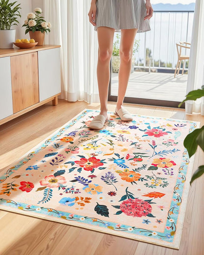 3x5 Floral Rug for Girls Bedroom, Machine Washable Area Rugs with Non Slip Backing for Living Room, Cute Flowers Carpet Kitchen Dining Room Kids Playroom Decor, Peach White