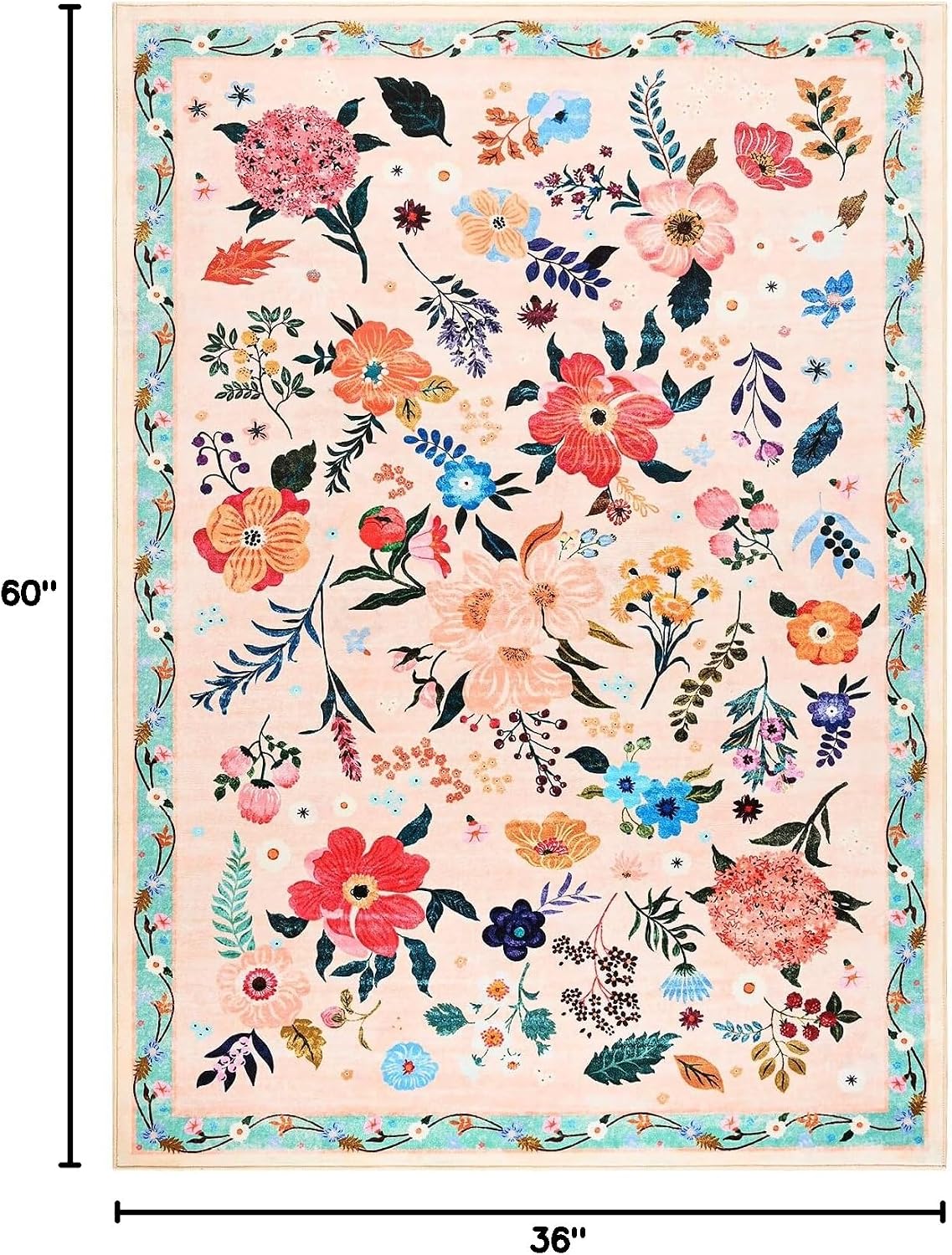 3x5 Floral Rug for Girls Bedroom, Machine Washable Area Rugs with Non Slip Backing for Living Room, Cute Flowers Carpet Kitchen Dining Room Kids Playroom Decor, Peach White