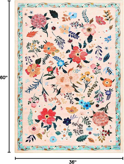 3x5 Floral Rug for Girls Bedroom, Machine Washable Area Rugs with Non Slip Backing for Living Room, Cute Flowers Carpet Kitchen Dining Room Kids Playroom Decor, Peach White