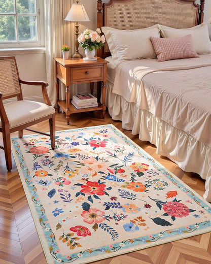 3x5 Floral Rug for Girls Bedroom, Machine Washable Area Rugs with Non Slip Backing for Living Room, Cute Flowers Carpet Kitchen Dining Room Kids Playroom Decor, Peach White