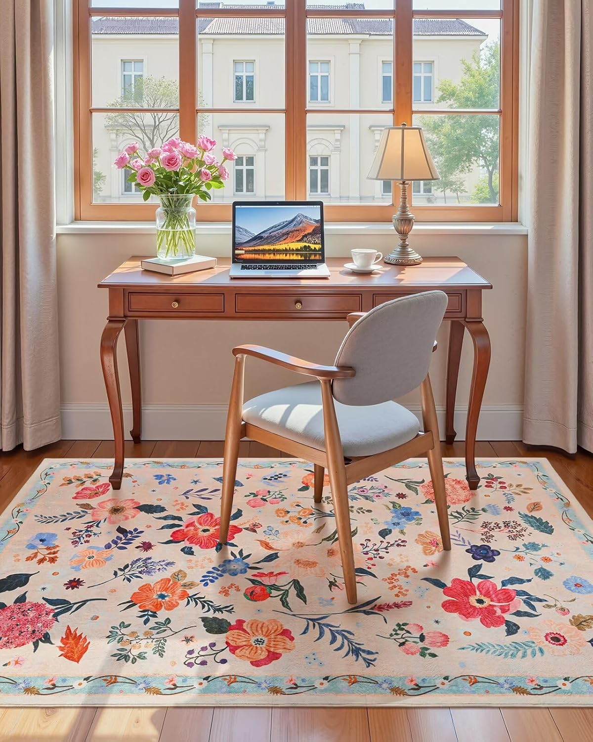 3x5 Floral Rug for Girls Bedroom, Machine Washable Area Rugs with Non Slip Backing for Living Room, Cute Flowers Carpet Kitchen Dining Room Kids Playroom Decor, Peach White