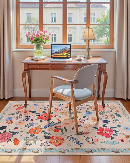 3x5 Floral Rug for Girls Bedroom, Machine Washable Area Rugs with Non Slip Backing for Living Room, Cute Flowers Carpet Kitchen Dining Room Kids Playroom Decor, Peach White