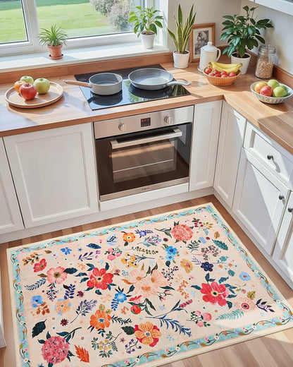 3x5 Floral Rug for Girls Bedroom, Machine Washable Area Rugs with Non Slip Backing for Living Room, Cute Flowers Carpet Kitchen Dining Room Kids Playroom Decor, Peach White