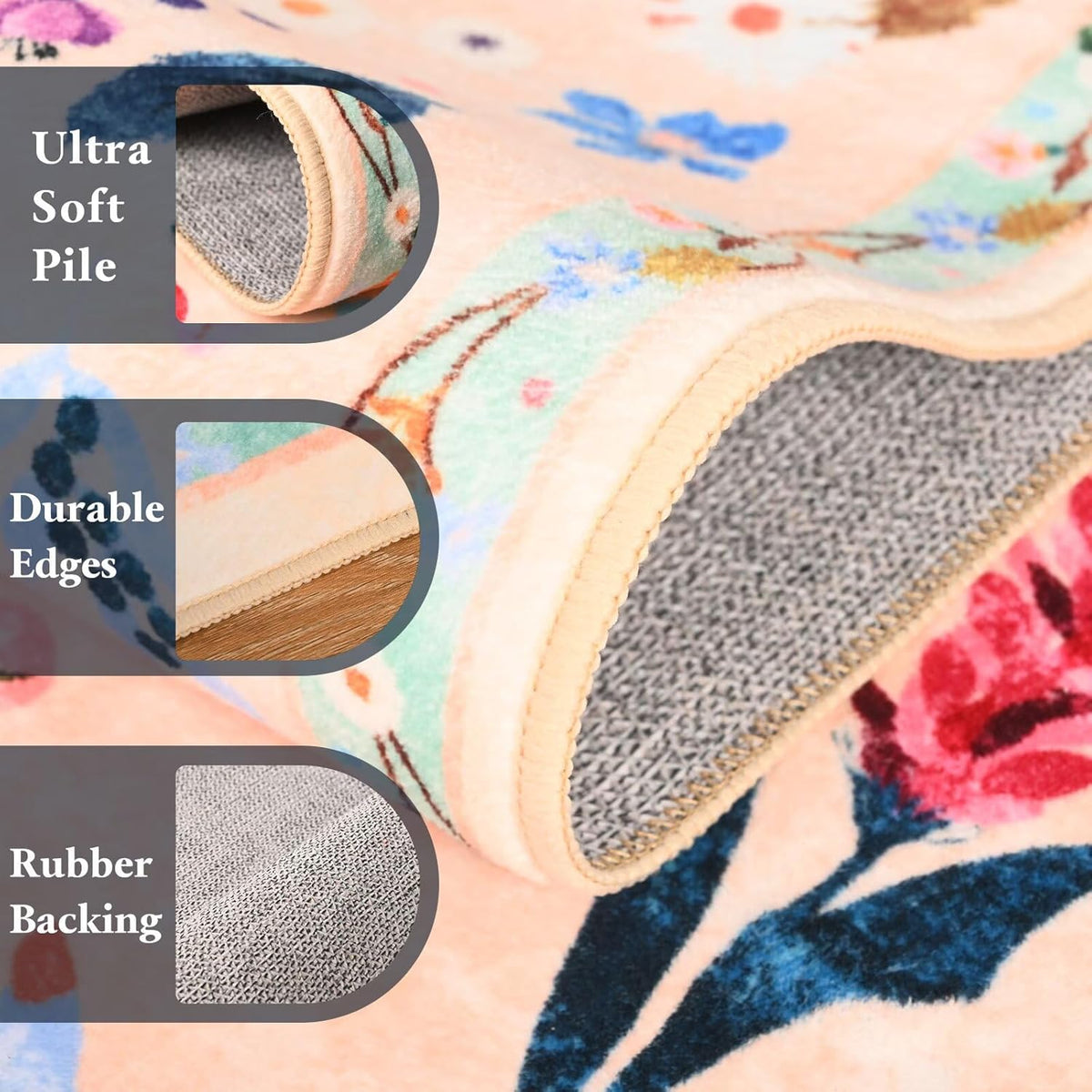 3x5 Floral Rug for Girls Bedroom, Machine Washable Area Rugs with Non Slip Backing for Living Room, Cute Flowers Carpet Kitchen Dining Room Kids Playroom Decor, Peach White