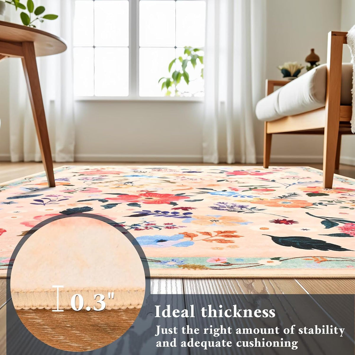 3x5 Floral Rug for Girls Bedroom, Machine Washable Area Rugs with Non Slip Backing for Living Room, Cute Flowers Carpet Kitchen Dining Room Kids Playroom Decor, Peach White