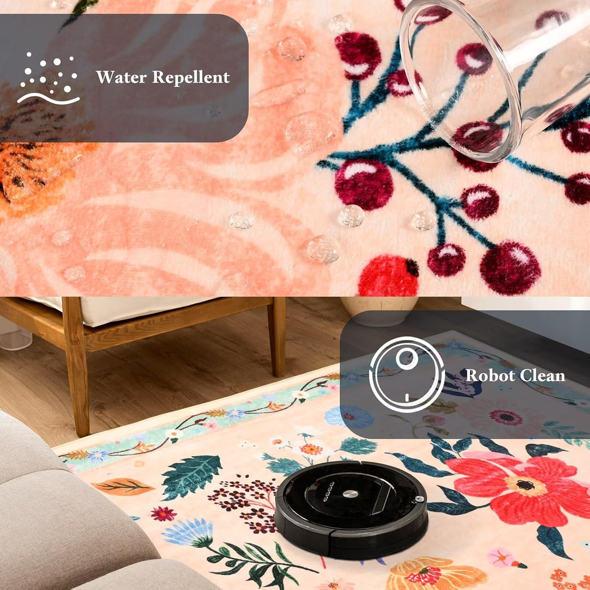 3x5 Floral Rug for Girls Bedroom, Machine Washable Area Rugs with Non Slip Backing for Living Room, Cute Flowers Carpet Kitchen Dining Room Kids Playroom Decor, Peach White