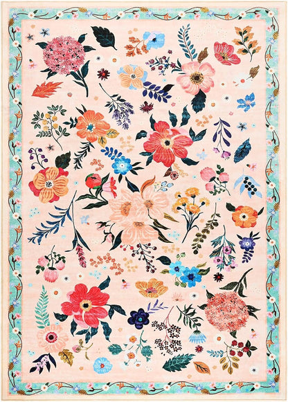 3x5 Floral Rug for Girls Bedroom, Machine Washable Area Rugs with Non Slip Backing for Living Room, Cute Flowers Carpet Kitchen Dining Room Kids Playroom Decor, Peach White