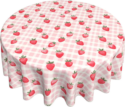Pink Gingham Cute Strawberry Round Tablecloth 60 inch Table Covers Stain Winkle Resistant Washable Tablecloths for Kitchen Indoor Outdoor Party
