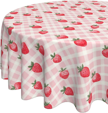 Pink Gingham Cute Strawberry Round Tablecloth 60 inch Table Covers Stain Winkle Resistant Washable Tablecloths for Kitchen Indoor Outdoor Party