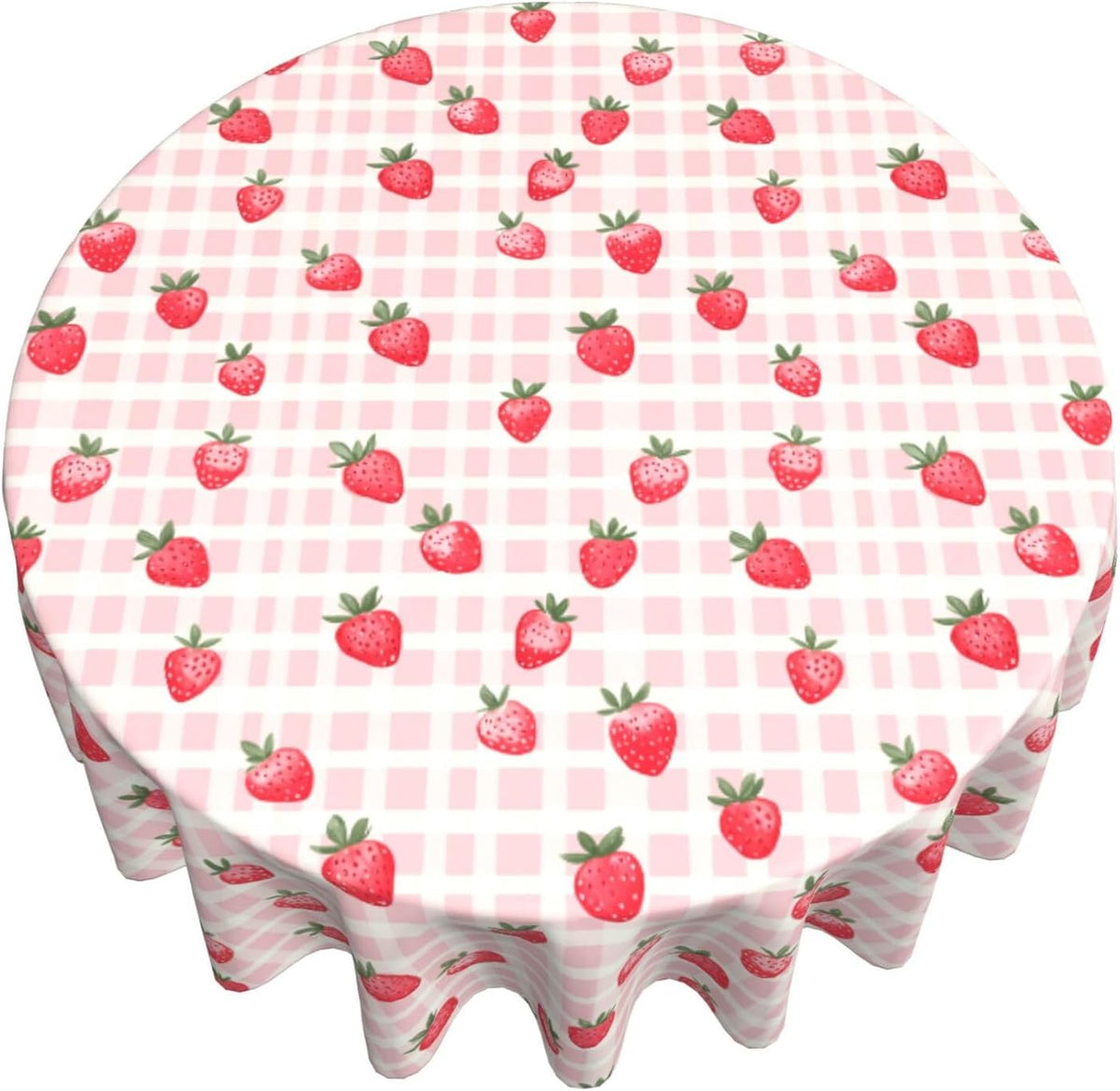 Pink Gingham Cute Strawberry Round Tablecloth 60 inch Table Covers Stain Winkle Resistant Washable Tablecloths for Kitchen Indoor Outdoor Party