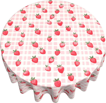 Pink Gingham Cute Strawberry Round Tablecloth 60 inch Table Covers Stain Winkle Resistant Washable Tablecloths for Kitchen Indoor Outdoor Party