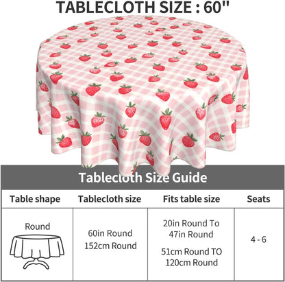 Pink Gingham Cute Strawberry Round Tablecloth 60 inch Table Covers Stain Winkle Resistant Washable Tablecloths for Kitchen Indoor Outdoor Party