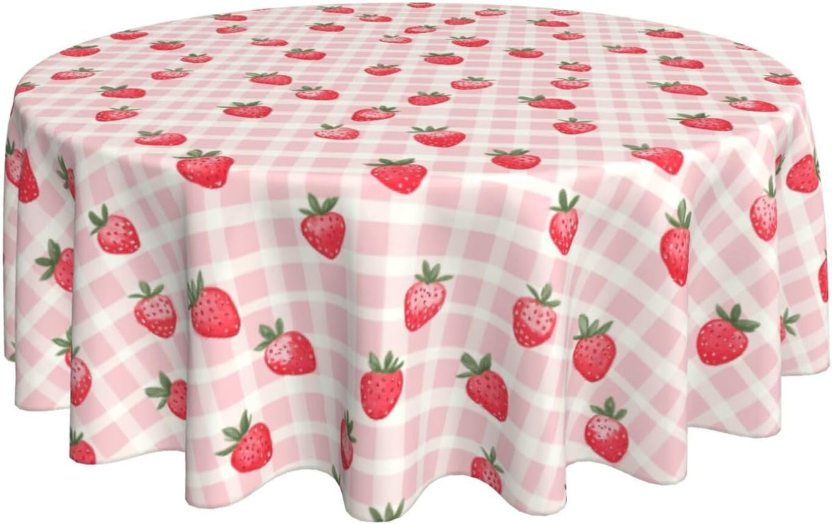 Pink Gingham Cute Strawberry Round Tablecloth 60 inch Table Covers Stain Winkle Resistant Washable Tablecloths for Kitchen Indoor Outdoor Party