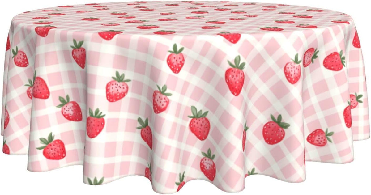 Pink Gingham Cute Strawberry Round Tablecloth 60 inch Table Covers Stain Winkle Resistant Washable Tablecloths for Kitchen Indoor Outdoor Party