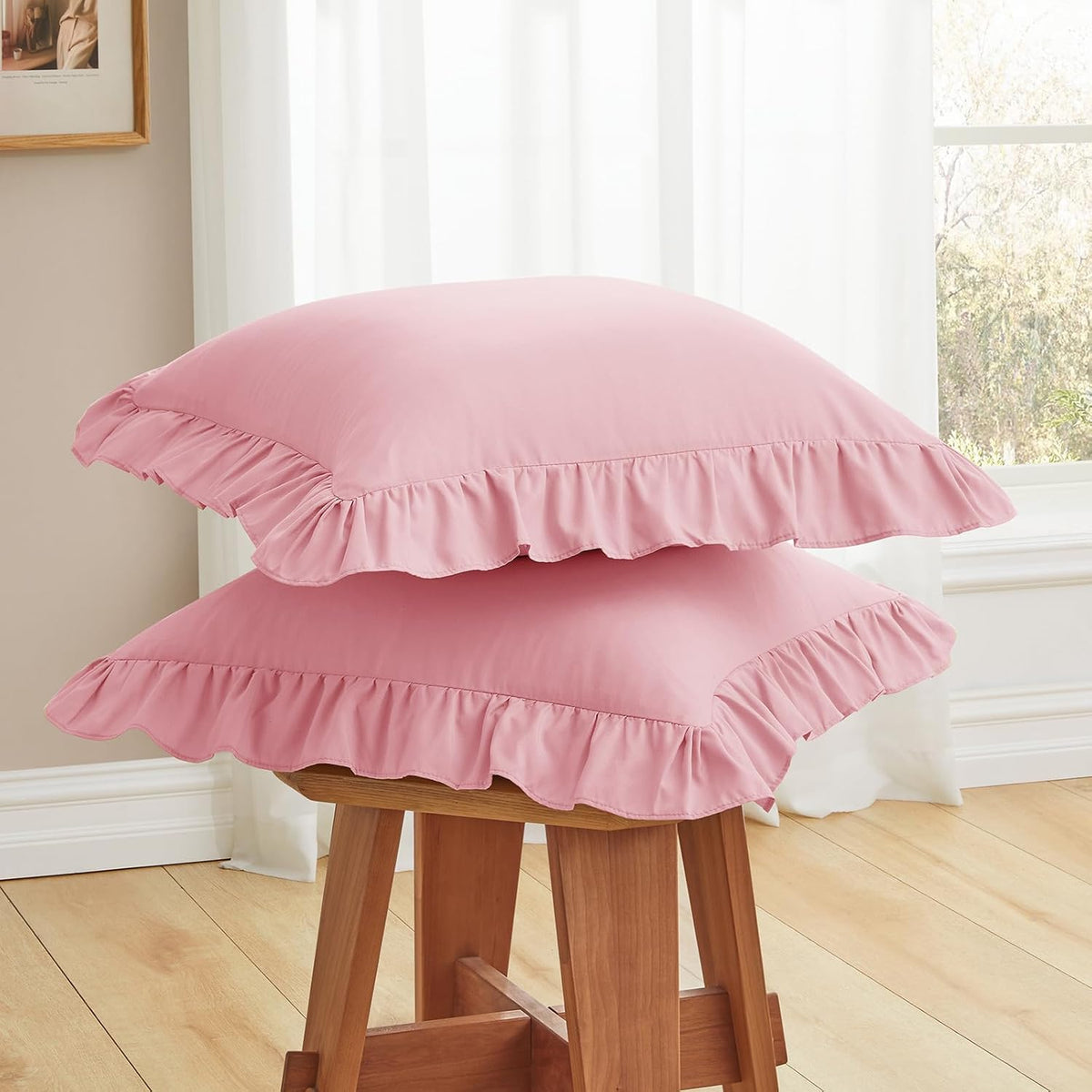 Ruffle Throw Pillow Covers, Light Pink, 18x18 Inches, 2 Pack