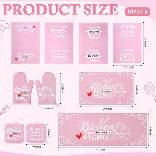 10 Pcs Pink Kitchen Accessories Decor Set with 4 Kitchen Dish Towels 2 Vintage Pot Holders 2 Oven Mitts Glove 2 Farmhouse Non Slip Runner Rugs, Home Decorations Accessories