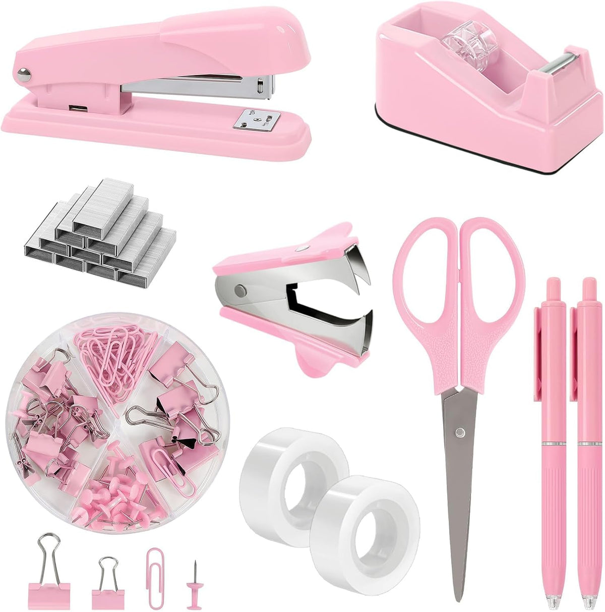 Pink Stapler and Tape Dispenser Set, Pink Office Desk Accessories