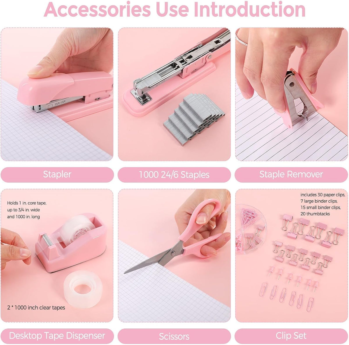 Pink Stapler and Tape Dispenser Set, Pink Office Desk Accessories