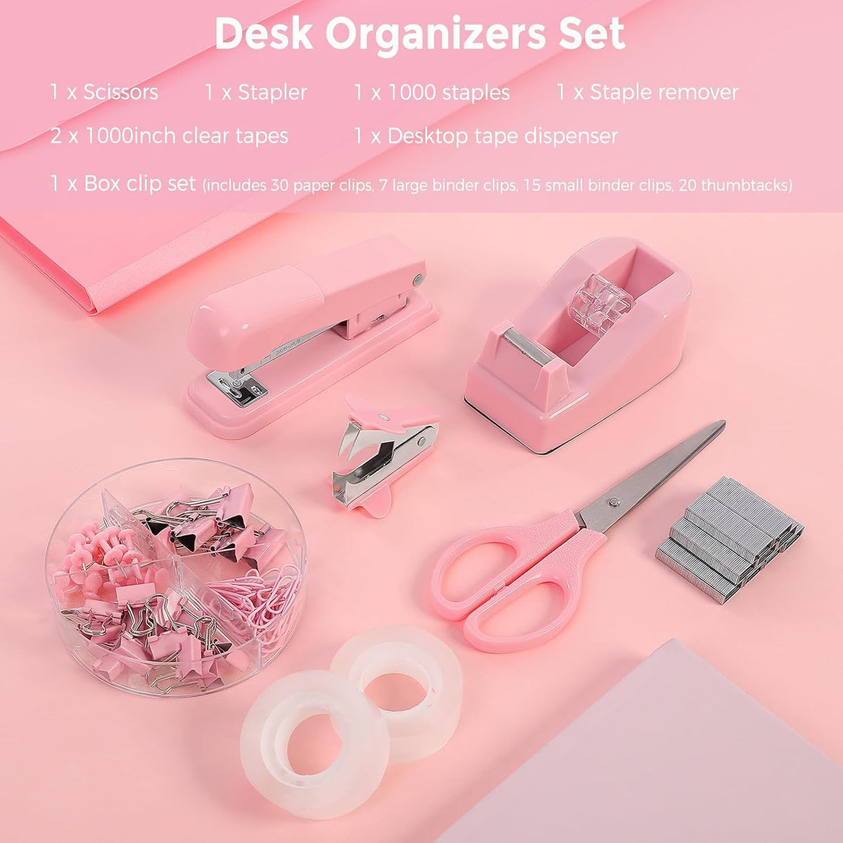 Pink Stapler and Tape Dispenser Set, Pink Office Desk Accessories