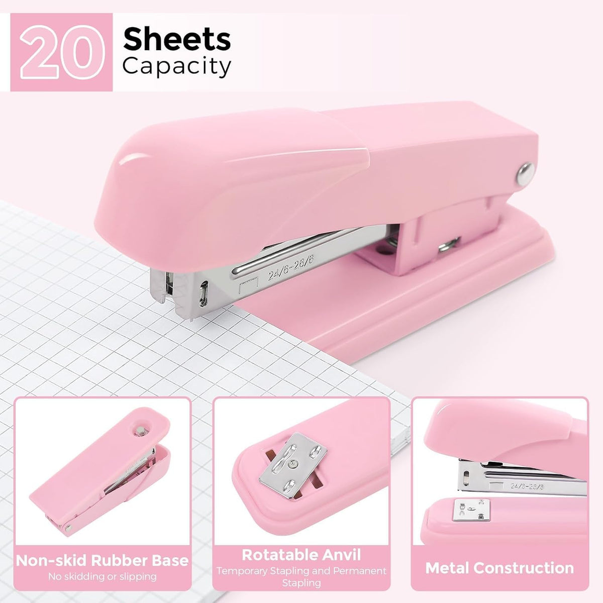 Pink Stapler and Tape Dispenser Set, Pink Office Desk Accessories