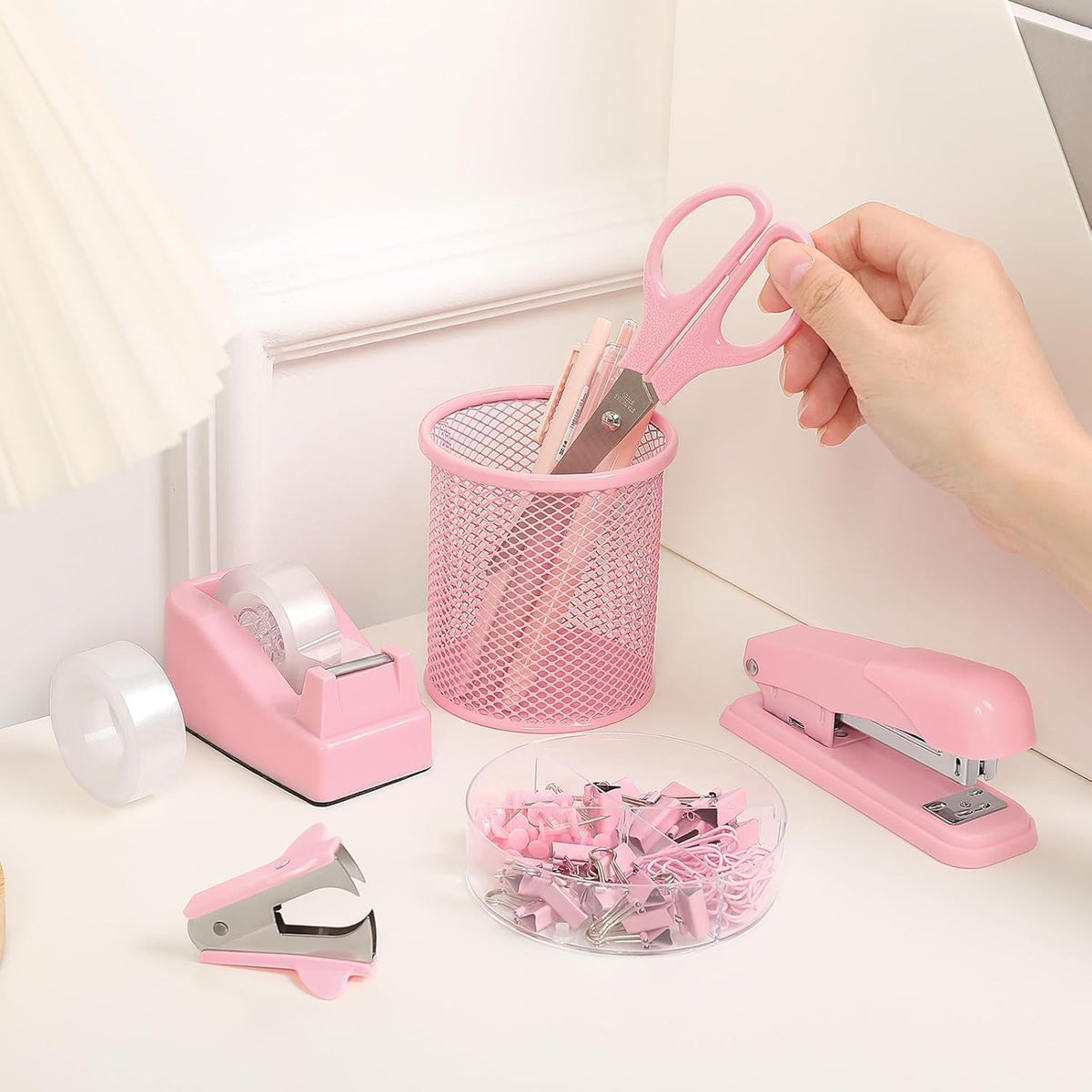 Pink Stapler and Tape Dispenser Set, Pink Office Desk Accessories