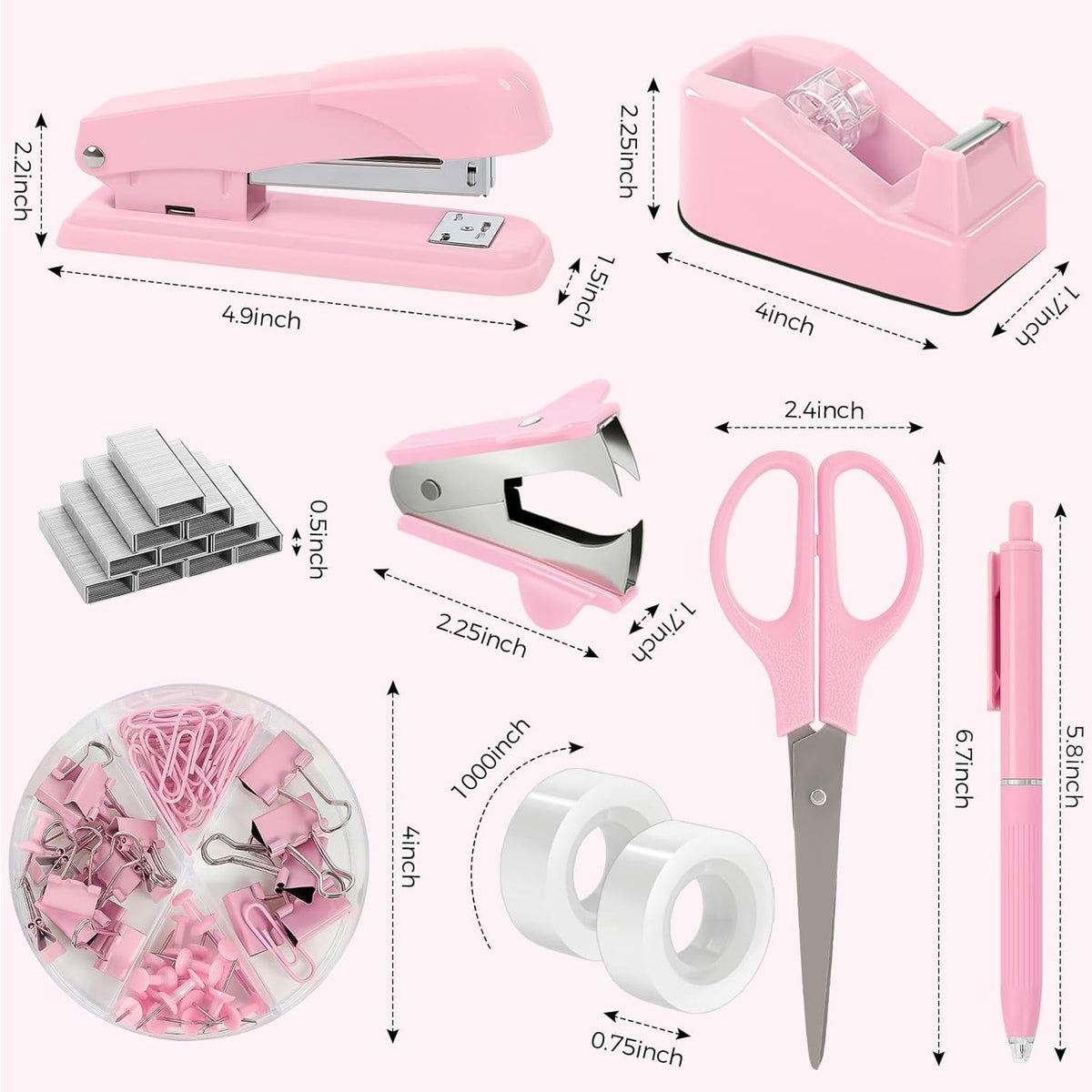 Pink Stapler and Tape Dispenser Set, Pink Office Desk Accessories