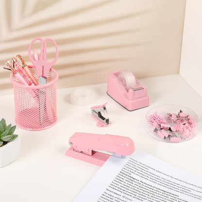 Pink Stapler and Tape Dispenser Set, Pink Office Desk Accessories