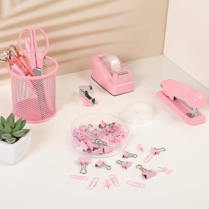 Pink Stapler and Tape Dispenser Set, Pink Office Desk Accessories