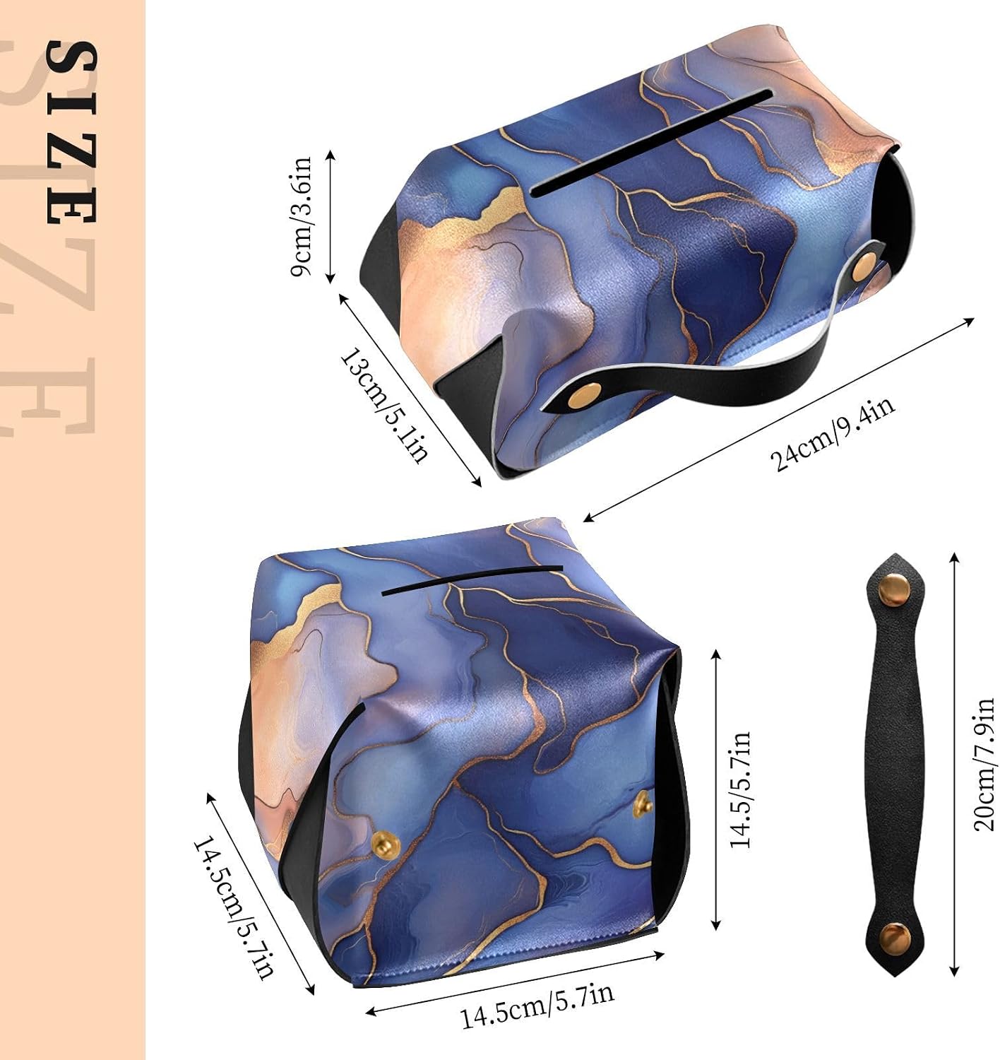Leather Tissue Box Holder Hanging Napkin Holder Sun Visor Refillable Tissue Dispenser Box Marble Royal Blue Peach Gold