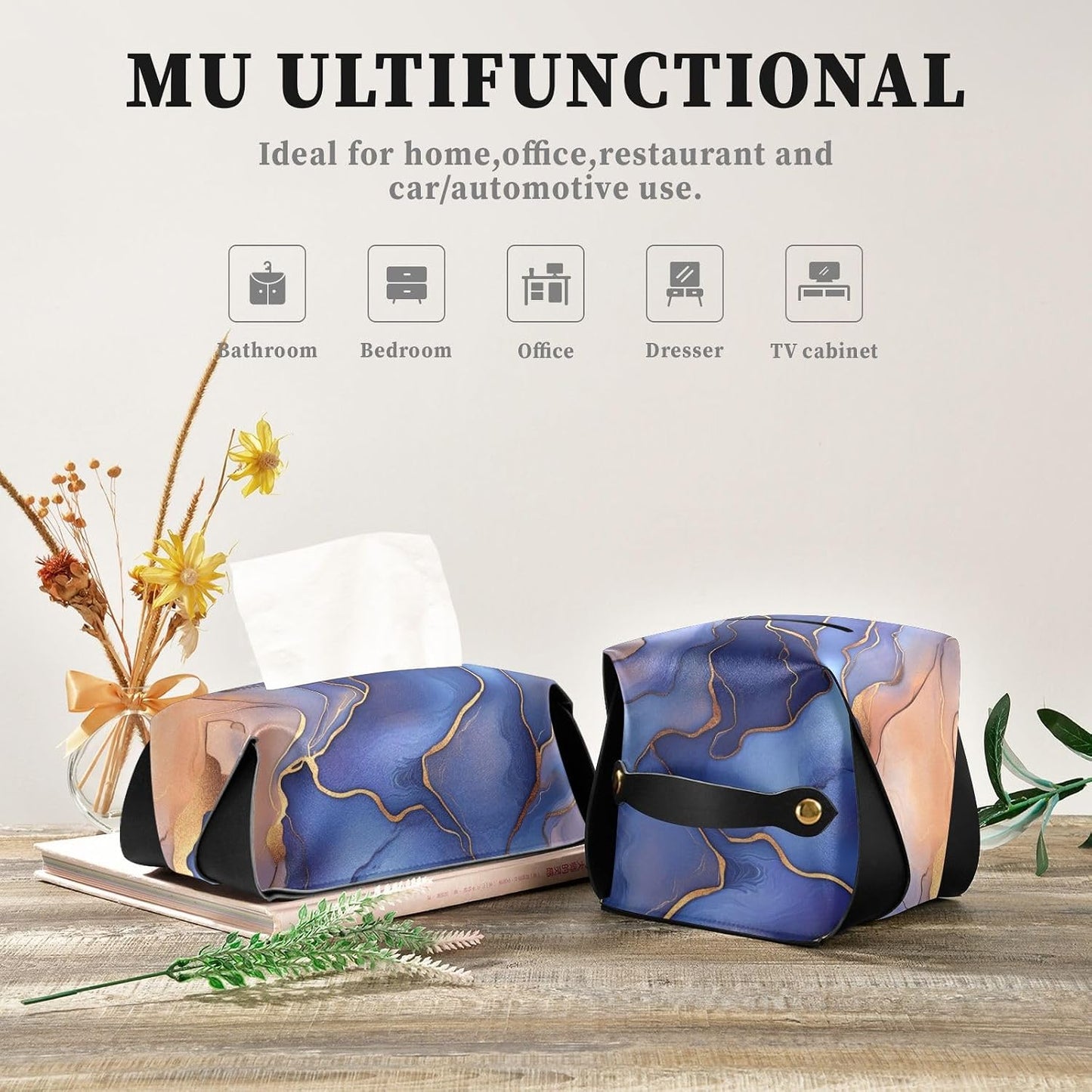 Leather Tissue Box Holder Hanging Napkin Holder Sun Visor Refillable Tissue Dispenser Box Marble Royal Blue Peach Gold