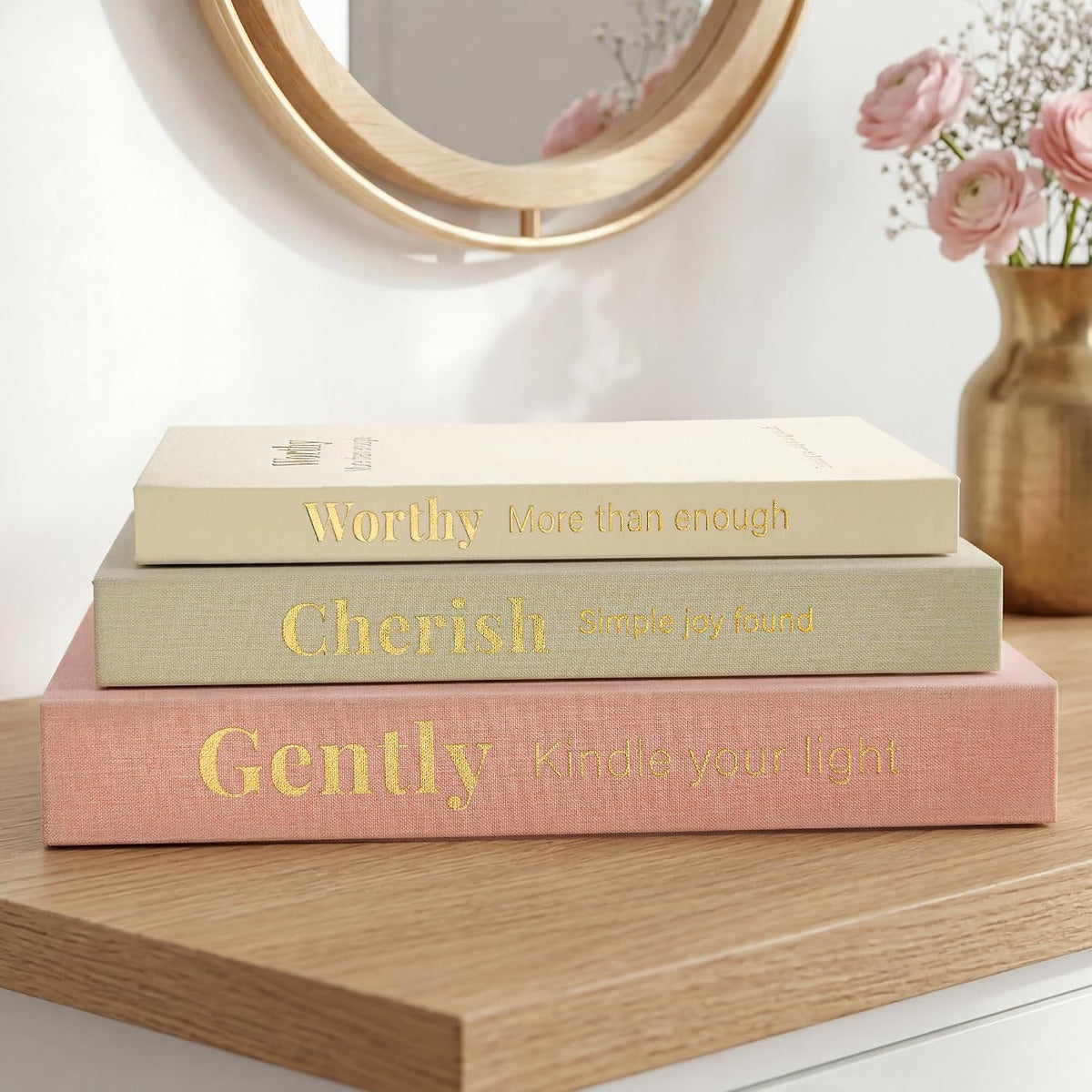 Decorative Books for Home Decor, Set of 3 Faux Books with Hidden Storage, Linen Fake Book Box for Coffee Table Bookshelf Decor (Dusty pink-oatmeal-beige)
