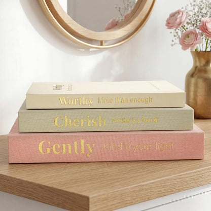 Decorative Books for Home Decor, Set of 3 Faux Books with Hidden Storage, Linen Fake Book Box for Coffee Table Bookshelf Decor (Dusty pink-oatmeal-beige)