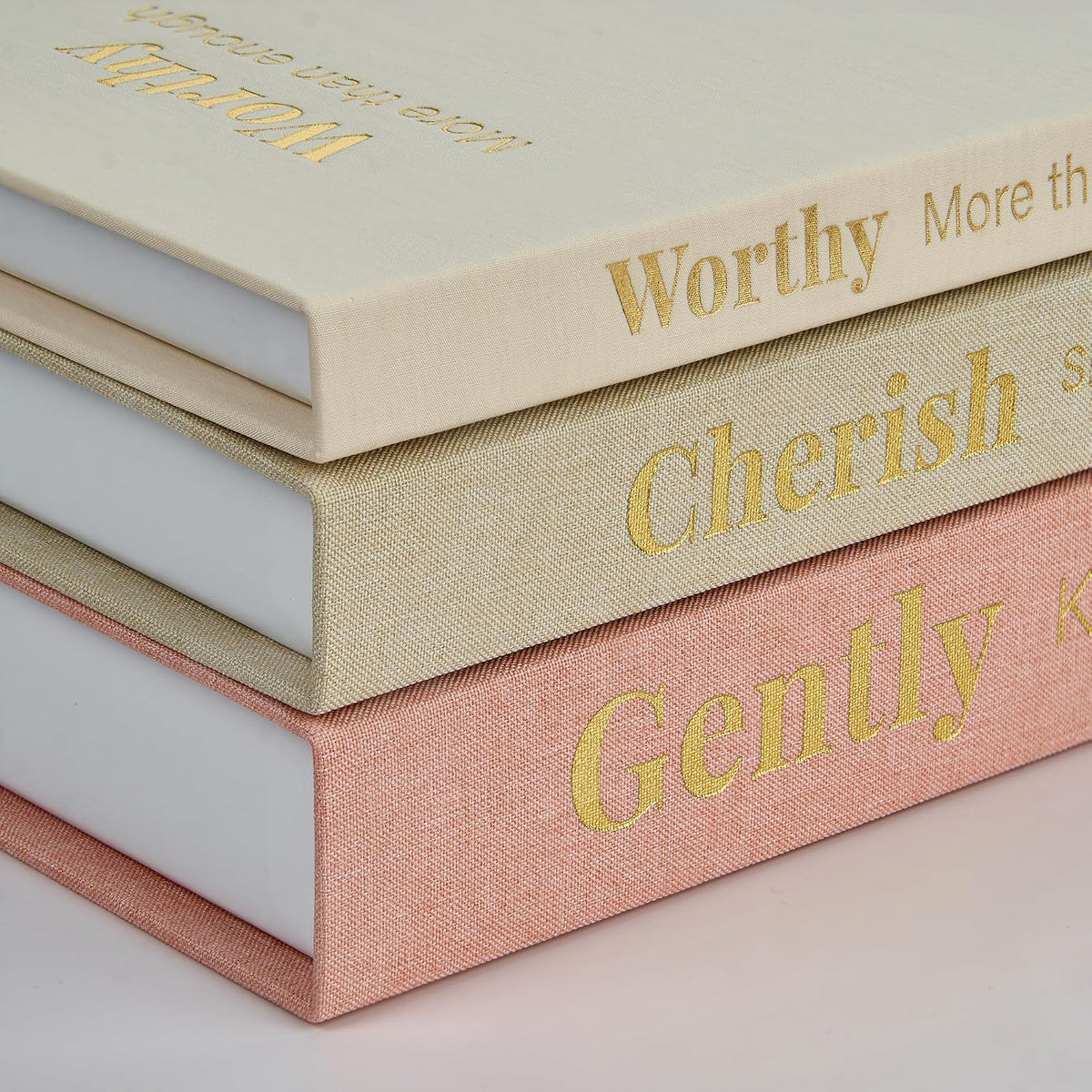 Decorative Books for Home Decor, Set of 3 Faux Books with Hidden Storage, Linen Fake Book Box for Coffee Table Bookshelf Decor (Dusty pink-oatmeal-beige)