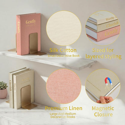 Decorative Books for Home Decor, Set of 3 Faux Books with Hidden Storage, Linen Fake Book Box for Coffee Table Bookshelf Decor (Dusty pink-oatmeal-beige)