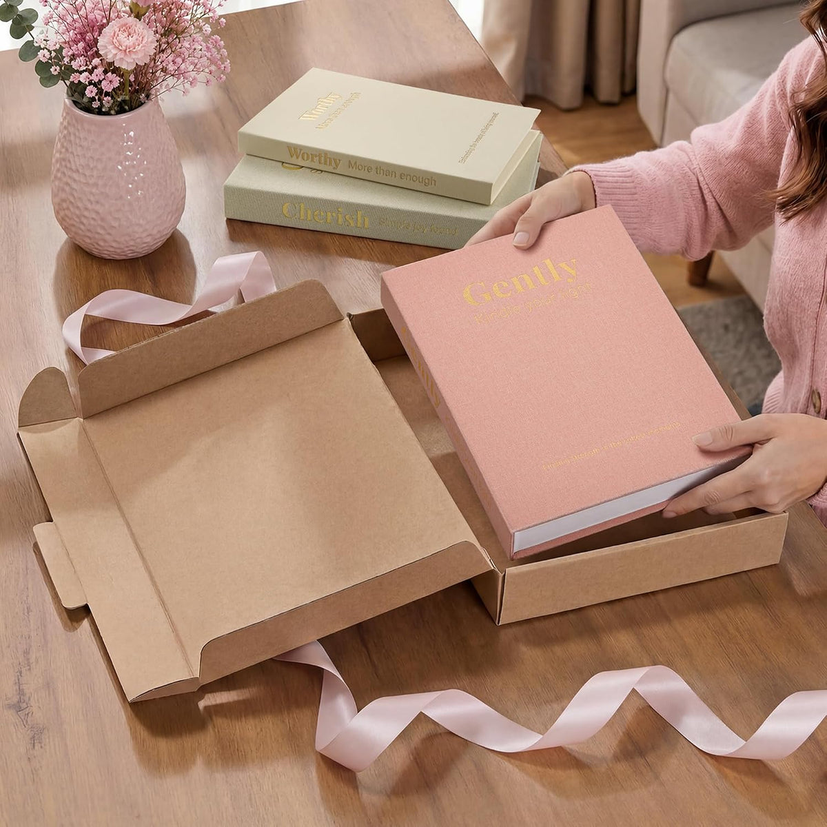 Decorative Books for Home Decor, Set of 3 Faux Books with Hidden Storage, Linen Fake Book Box for Coffee Table Bookshelf Decor (Dusty pink-oatmeal-beige)