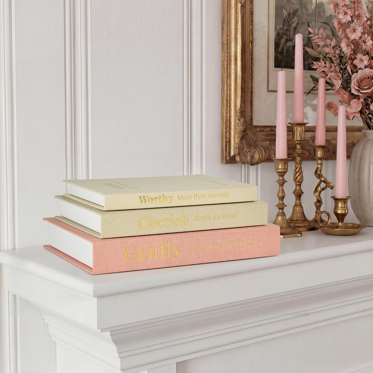 Decorative Books for Home Decor, Set of 3 Faux Books with Hidden Storage, Linen Fake Book Box for Coffee Table Bookshelf Decor (Dusty pink-oatmeal-beige)