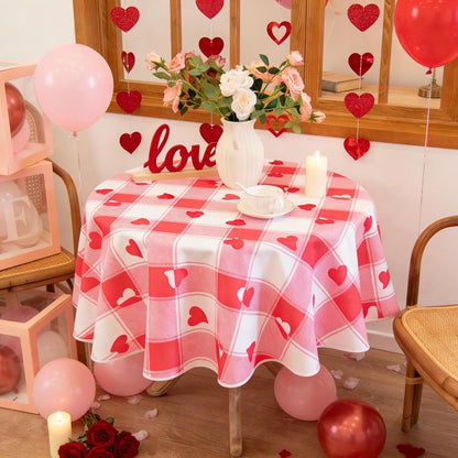 Checkered Round Valentine's Day Tablecloth - Waterproof, Wrinkle Resistant and Washable Gingham Table Cloth Decorative Table Cover for Party, Pink 60 Inch