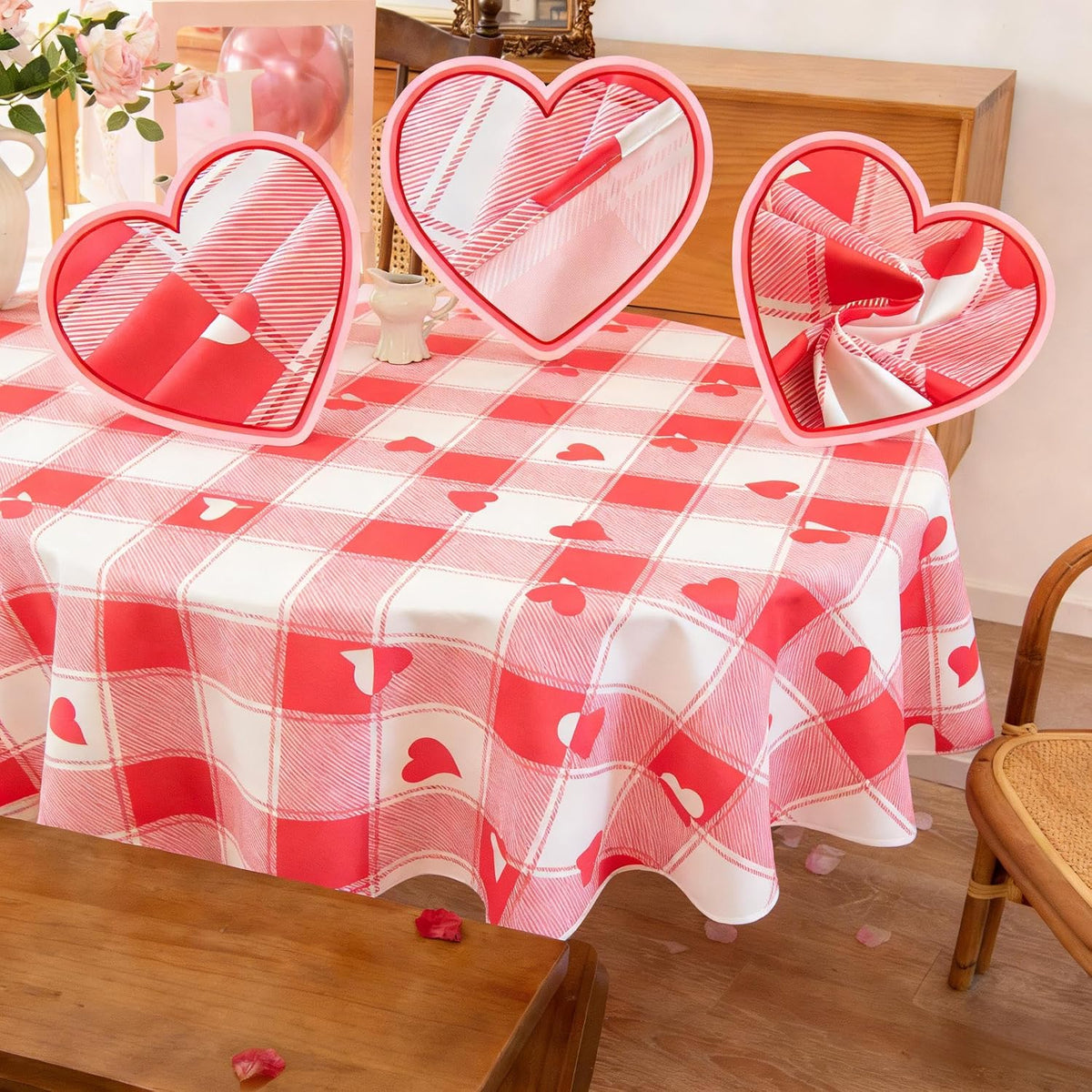 Checkered Round Valentine's Day Tablecloth - Waterproof, Wrinkle Resistant and Washable Gingham Table Cloth Decorative Table Cover for Party, Pink 60 Inch
